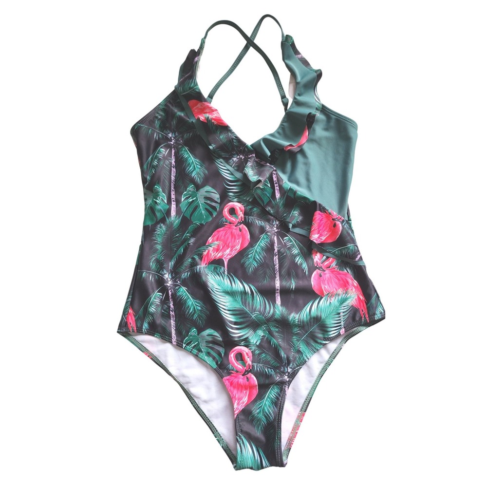 Flamingo Palm Ruffle Eye Cathing One Piece Swimsuit Green L Resort Vacation Swim